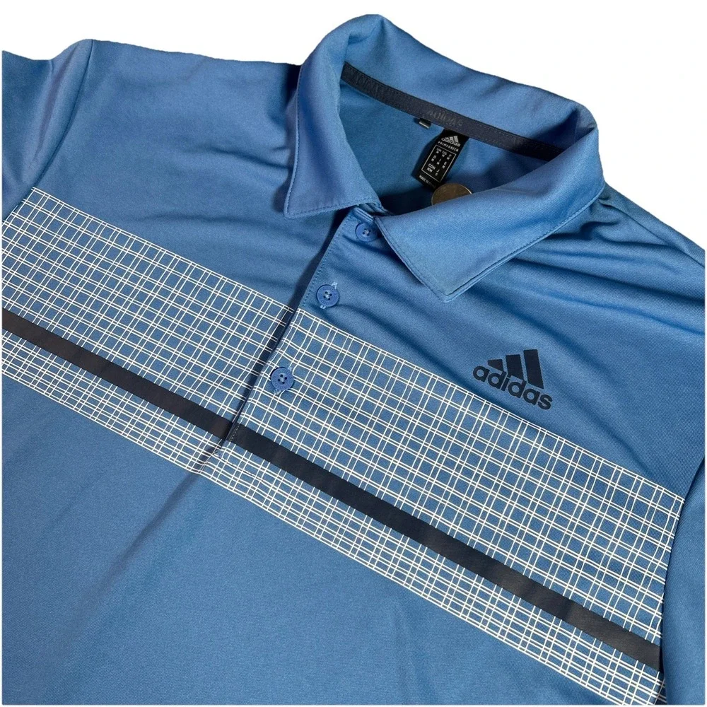 adidas‎ Shirt Men's M Blue Primegreen Chest Check Print Performance Golf Polo
